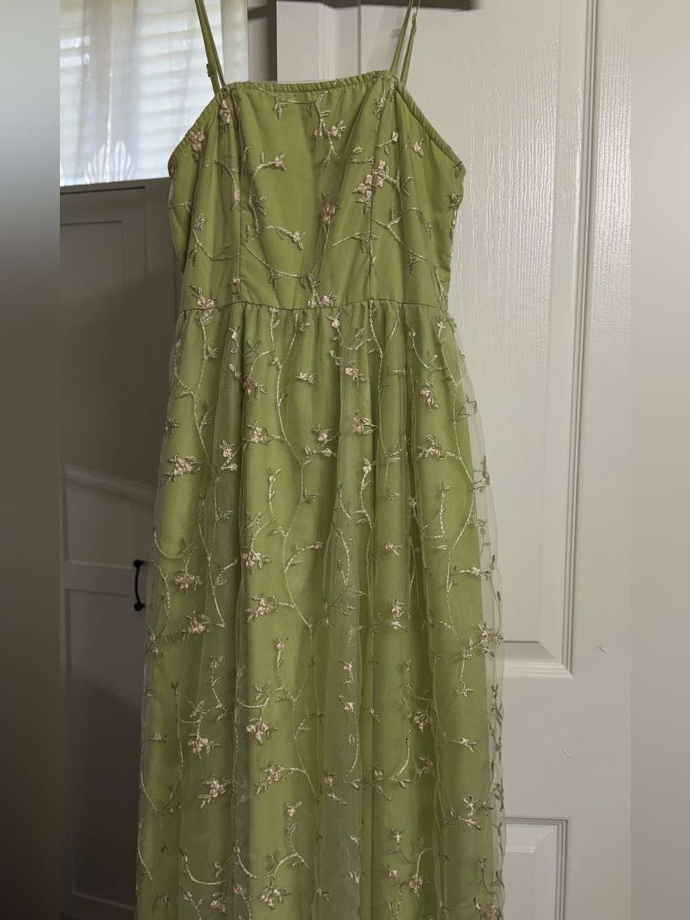 SHEIN Olive Green Floral Embroidered Spaghetti Strap Dress